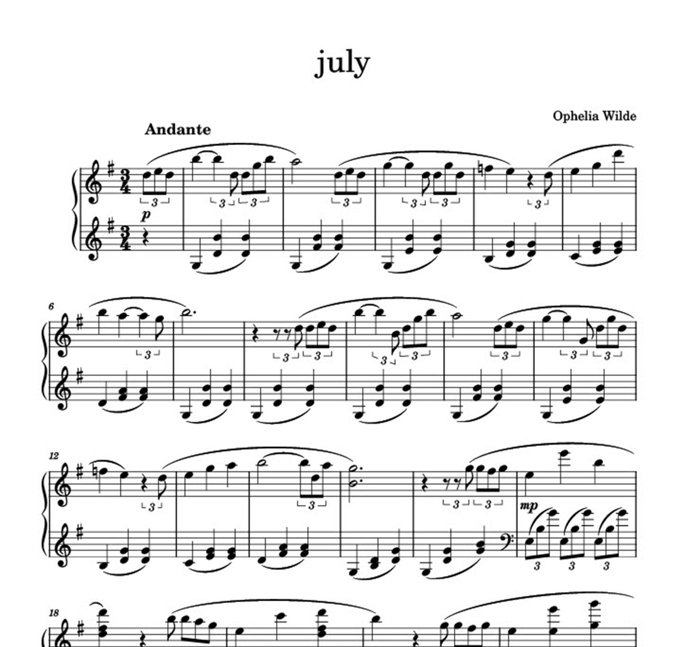 july - Piano Sheet Music – Ophelia Wilde